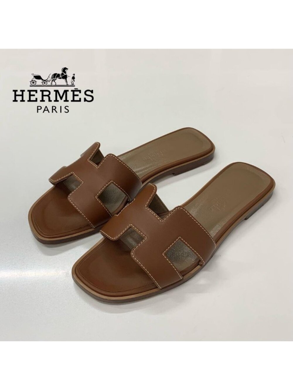 Hermes Oran Leather Sandals Brown